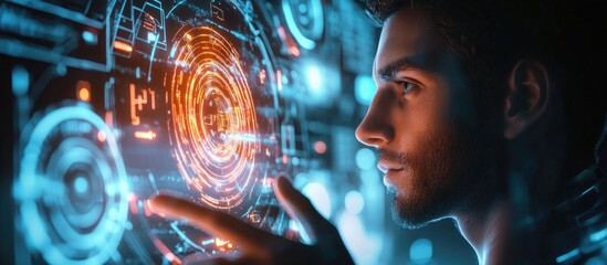 Poster - Male android operating a futuristic glowing interface in a sci fi environment 3D rendering