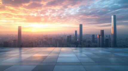 Empty city floor at dusk with tall buildings