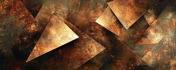 Wall Mural - Abstract art backdrop with a blend of metallic textures and bold, angular shapes in shades of copper, bronze, and gold. The design is rich and luxurious, with a modern, industrial edge, perfect for