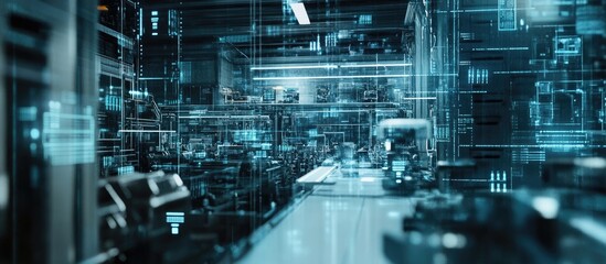 Poster - Concept of a high tech factory featuring digitalization with blurred visuals representing efficiency percentage in a modern electronics environment