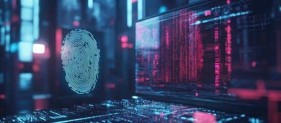 Poster - desktop computer with a fingerprint illustration showcasing a double exposure effect represents the 