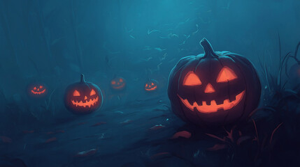 Abstract mysterious illustration with glowing pumpkins