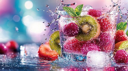 Wall Mural -   Close-up shot of water glass filled with fruits and ice cubes