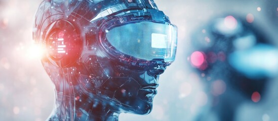 Poster - Double exposure featuring an abstract hologram of virtual robotics technology set against a blurred metallic backdrop Concept of research and development in software