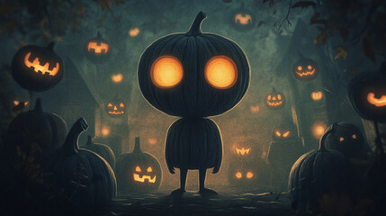 Wall Mural - Pumpkin monster stands among jack o' lanterns