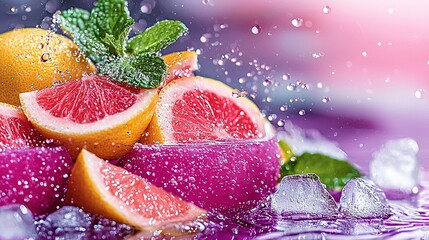 Wall Mural -   Grapefruit in a glass of water with ice cubes