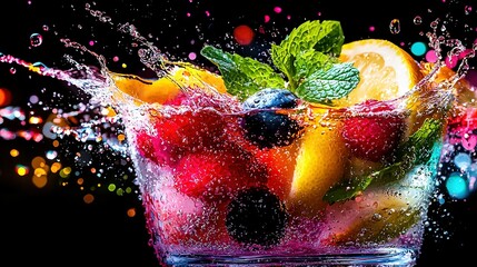 Wall Mural -   A close-up of a fruit in a glass filled with water, with a water splash on the side