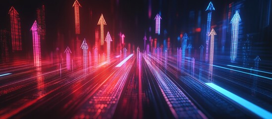 Poster - Dynamic arrows symbolize rapid growth in the financial market showcasing a futuristic technology overlay with ascending numbers representing business success in social media data analytics