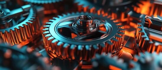 Poster - Close up of metallic gear wheels in a 3D illustration