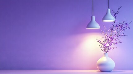 Wall Mural -   White vase, purple flowers, table, white lamp, purple wall