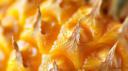 A close-up view of a ripe pineapple, showing its textured skin and juicy insides.