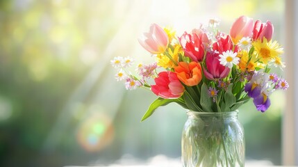 Poster - A delightful arrangement of tulips, irises, and daisies in a clear jar basks in warm sunlight, creating a cheerful atmosphere. Generative AI