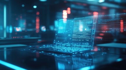 Fototapete - Technology themed illustration featuring a computer on a table with a double exposure effect Conceptual representation of information
