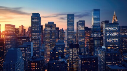  City skyline at dusk featuring tall buildings in a bustling business district
