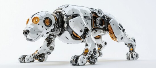 Poster - Futuristic cyborg robot dog toy on a white background Portrait of an interactive mechanical pet