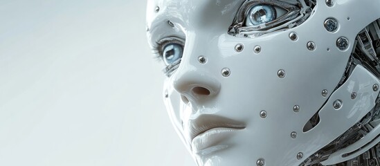 Aufkleber - Female cyborg face with intricate pearl like synthetic skin featuring virtual reality elements and an AI conceptual design presented as a 3D rendering
