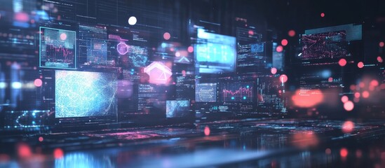 Aufkleber - Multi exposure image illustrating a desktop with computer and tech themed graphics Represents the concept of big data and technology integration