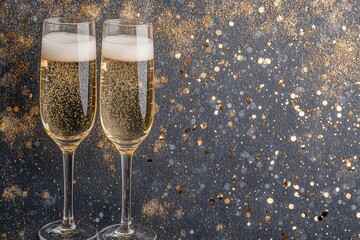 Champagne celebration: two glasses with sparkling gold confetti background