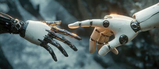 Poster - 3d rendering of a robotic hand reaching out to another hand