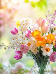 Poster - A colorful bouquet of tulips, daffodils, and cherry blossoms is beautifully arranged in a glass vase, brightening the room. Generative AI