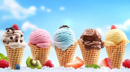 Collection of various delicious ice creams. Bow view of ice, cones, fruit, chocolate and vanilla ice cream with different toppings on blue sky background