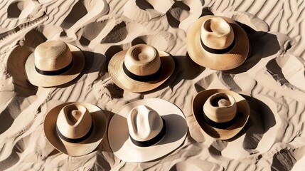 elegant and fashionable sun hats artfully displayed on the sandy beach on a sunny summer afternoon