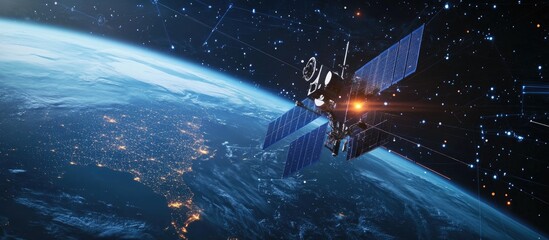 Poster - Satellite perspective of Earth showcasing digital networks symbolizing global communication technology and travel 3D illustration enhanced by space imagery