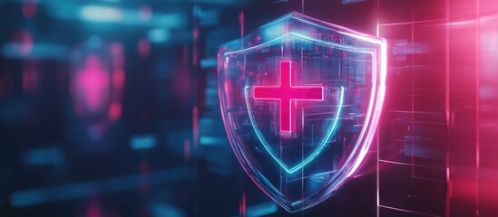Poster - Futuristic Medical Hologram with Neon Glow and Translucent Defense Shield Illustration for Background Use