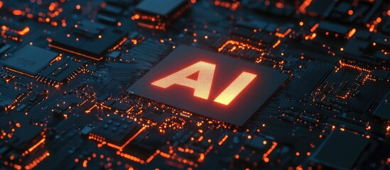 Poster - Concept of Artificial Intelligence featuring text AI constructed from an electronic circuit board and microchip symbolizing a global network data exchange and computing