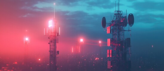 Poster - Mobile internet antenna for 5G technology Radio tower transmitting 4G and 5G signals along with radio waves supporting internet connectivity