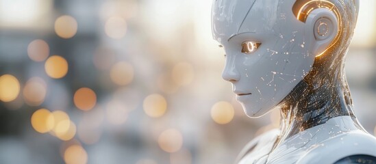 Poster - White female robot with a blurred backdrop engaging with digital network connectivity in 3D rendering