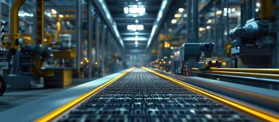 Poster - Automation factory concept featuring a 3D rendered robotic assembly line alongside an unoccupied conveyor belt