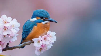 Poster - A blue and orange bird perched on a branch of pink flowers, AI