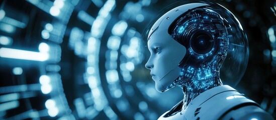 Poster - Futuristic sci fi sphere featuring a cyborg robot serving as a backdrop for concepts in cyber and crypto security 3D illustration