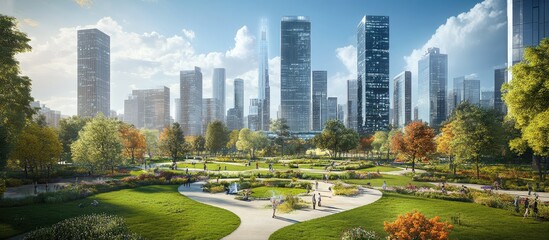 Aufkleber - City skyline view featuring skyscrapers parks and gardens showcasing themes of artificial intelligence machine learning neural networks and robotics during the daytime