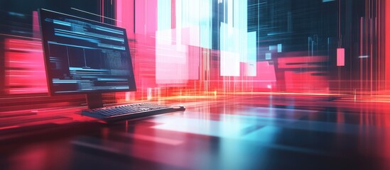 Poster - Abstract technology themed illustration featuring a workspace with a computer Multi exposure design highlighting the concept of innovation
