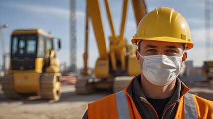  construction site worker in protective gear with a construction crane in the background
