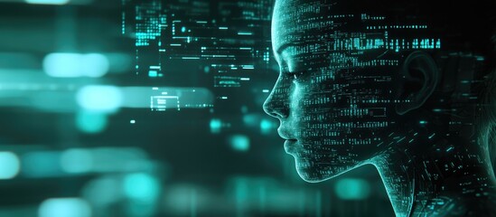 Poster - Cyborg woman interacting with a digital data interface set against a blurred background in a 3D rendering