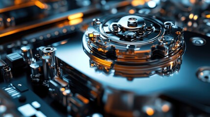 Poster - Close up of a hard drive showcasing intricate technical components and details