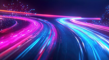 Fototapete - Dynamic motion on a neon lit road in darkness Swift movement along the path Vibrant light trails signify acceleration Abstract depiction with pink and blue streaks