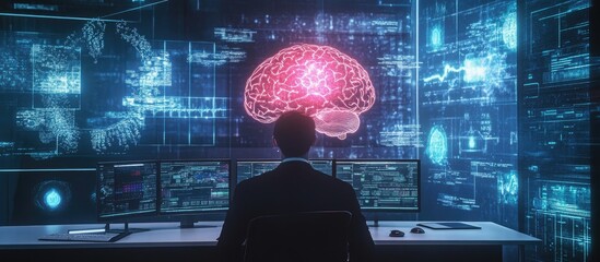 Poster - Businessman with a computer backdrop featuring a hologram of a brain Concept of brainstorming with multiple exposures