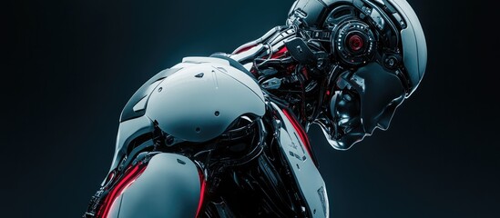 Poster - 3D rendering of an intricate futuristic robot or humanoid cyborg featuring a close up perspective of the upper body against a dark backdrop
