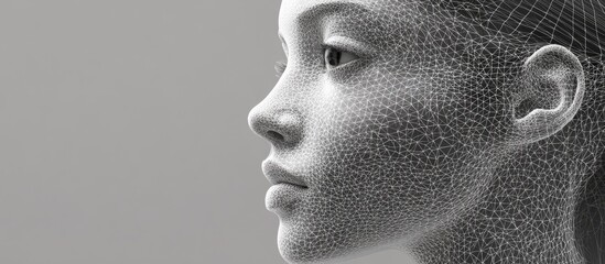 Poster - Conceptual 3D wireframe illustration of a young woman s face on a gray background representing themes of technology cyborgs digital avatars and futuristic science fiction