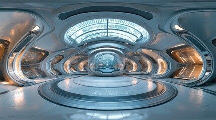 Poster - 360 degree panoramic view of a futuristic sci fi building interior showcasing intricate 3D render design elements