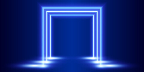 Wall Mural - Neon square tunnel, blue glowing portal, light effect background, vector illustration.