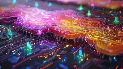   A clear close-up of a computer circuit board with multicolor waves overlayed