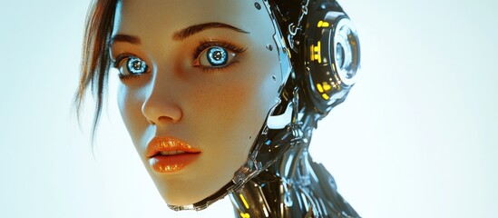 Poster - 3D rendering of a female android featuring a human like face and a mechanical body gazing directly at the camera