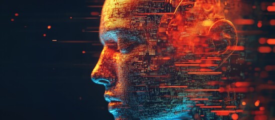 Aufkleber - 3D rendering of a stylized human head with abstract digital elements focused on themes of information overload artificial intelligence and contemporary technology