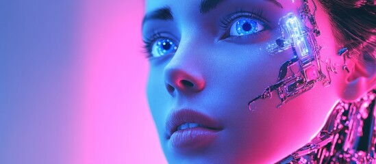 Poster - Close up portrait of a robotic woman exploring emotions and feelings showcasing the concept of artificial intelligence in a 3D rendering