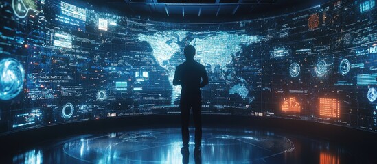 Poster - Man interacting with virtual graphics showcasing global internet connectivity using AI and command prompts to generate queries and receive responses from artificial intelligence